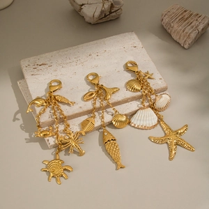 Ocean Theme Keychain Stainless Steel Gold Plated Nautical Bag Charm Starfish Shell Pendant Fashionable