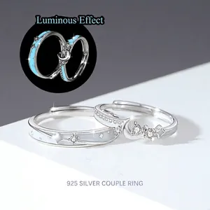 925 Sterling Silver Luminous Couple Ring For Women Men Romantic Star Moon Zirconia Inlaid Adjustable Open Ring Jewelry