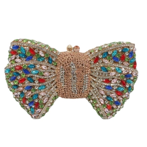 Bow-shaped crystal clutch bag with champagne and multicolored rhinestones for evening events