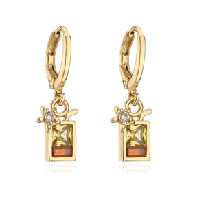 Detail of 18K gold plated juice box earrings with sparkling cubic zirconia inlays
