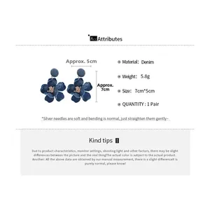 Detailed size specifications and weight for the blue denim fabric flower earrings
