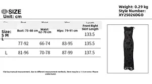 Detailed size chart for flocking mesh sleeveless maxi dress with body measurements