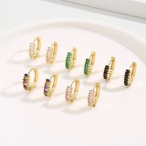 Detailed close-up of 18K gold plated hoop earrings with colorful rectangular zircons