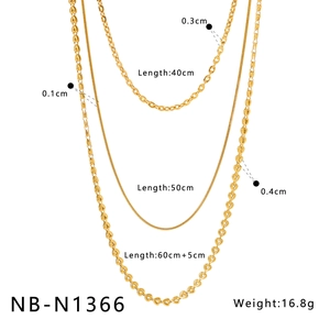 Detailed size specs for triple-layer 18K gold plated necklace showing 40/50/60cm lengths