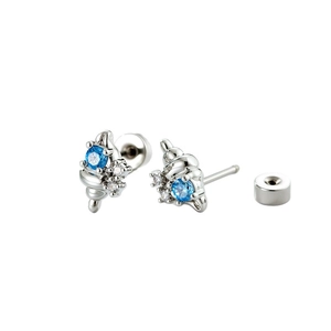 Blue zircon conch shell cartilage studs in silver finish on white background