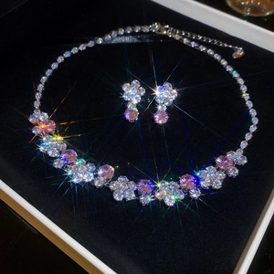 Close-up of zircon flower necklace and earrings set in a premium black gift box