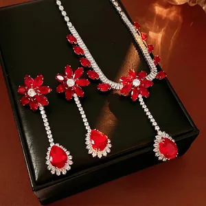 Luxury red zircon flower jewelry set with teardrop pendant necklace and drop earrings