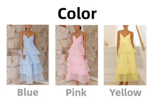 Detailed comparison of multi-tier tiered long dresses in blue, pink, and yellow chiffon