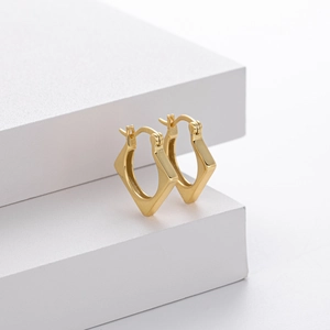 Detailed view of square geometric gold S925 sterling silver hoop earrings on white stand