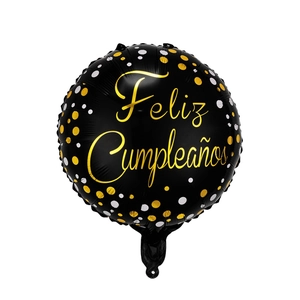 18 inch Feliz Cumpleaños round black balloon with gold dots for birthday party decor