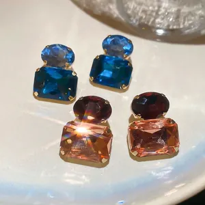 Vintage geometric earring set with oval and rectangular blue and red crystals in alloy base