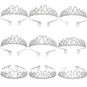 Sparkling alloy birthday tiaras with rhinestones and age numbers from 10 to 70 for parties