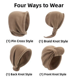 Detailed four-way styling guide for the knit hooded scarf in a soft camel brown finish
