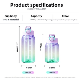 Detailed size specifications for Tritan water bottles in 700ml and 1000ml capacities