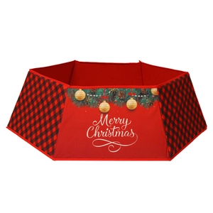Detail of red and black plaid hexagonal Christmas tree collar with Merry Christmas print