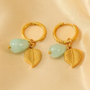 Boucles D'oreilles Créoles En Acier Inoxydable Plaqué Or 18K Avec Pendentif Feuille Et Pierre Naturelle Pour Femmes