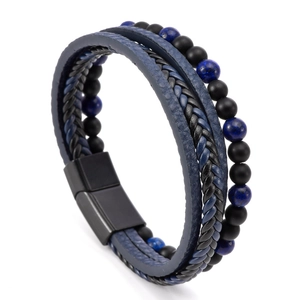Men's multi-layer braided leather bracelet with tiger eye beads and black magnetic clasp