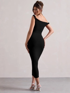 Robe midi moulante noire élégante à épaule dénudée avec design dos nu pour femme