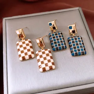 Vintage Checkerboard Rectangular Drop Earrings With 925 Sterling Silver Earring Post Enamel Gold Plated Jewelry Women