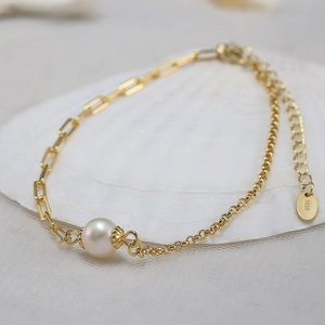 S925 silver gold plated bracelet with freshwater pearl and paperclip box chain