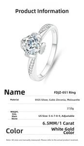Detailed spec sheet showing 1ct moissanite S925 silver ring dimensions and 2.52g weight
