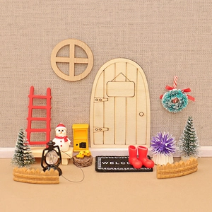 Miniature wooden Christmas fairy door set with wreath and accessories for DIY dollhouse decor
