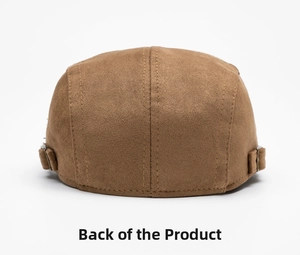 Detailed back view of brown suede flat cap showing texture and metal adjustment buckles
