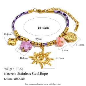 Bracelet corde en acier inoxydable plaqué or 18K avec breloques colorées et pendentif soleil