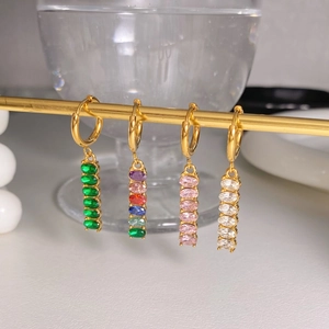 Stainless Steel Hoop Earrings With Oval Colorful Zircon Tassel Pendant Geometric Fashion Jewelry For Women