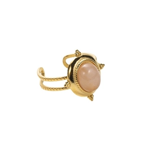 Vintage gold adjustable ring featuring a large oval pink stone and textured band