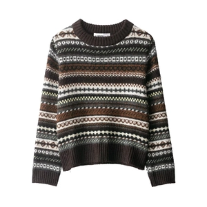 Women Vintage Fair Isle Sweater Round Neck Long Sleeve Geometric Jacquard Knit Pullover Casual Winter Top