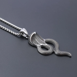 Gothic cobra snake pendant in vintage stainless steel with detailed scales and curb chain