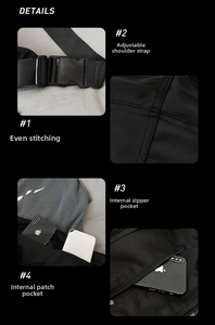 Detail view of adjustable nylon strap, reinforced stitching, and interior pocket organization