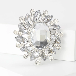 Macro shot of silver crystal flower brooch with large oval rhinestone and sparkling accents