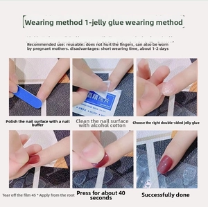 Pink press-on nails application tutorial with jelly glue steps and manicure kit