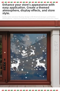 White Christmas window decals featuring Santa, reindeer, and snowflakes on a glass door