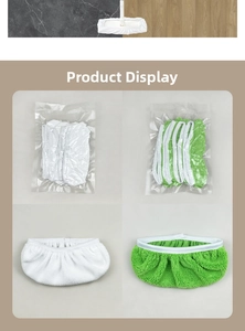 Detail of reusable microfiber mop pads in white and green with vacuum packaging