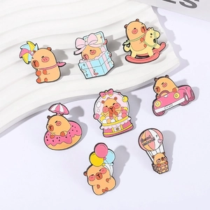 Cute Capybara enamel pins set with hot air balloon and donut designs in pastel colors