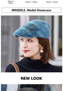 Close-up of blue plaid wool newsboy cap featuring vintage British textured fabric