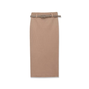 Women High Waist Ribbed Knit Midi Skirt With Belt Khaki Elegant Slim Fit Straight Pencil Skirt Daily Commute Bottoms