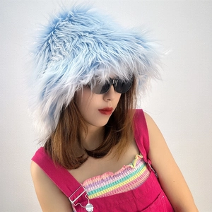 Faux sheepskin fur bucket hat in light blue plush material for winter warmth style