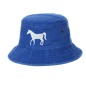 Bob unisexe en coton délavé bleu marine avec broderie cheval et œillets en métal vintage