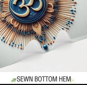 Detailed view of the sewn bottom hem on sun pattern floral tapestry with Om symbol