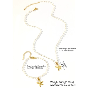 Detailed view of starfish pearl necklace and bracelet set with size specifications