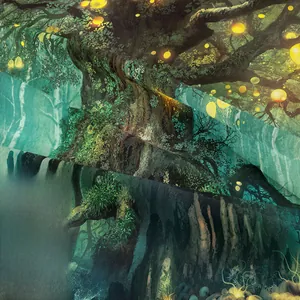 Detailed close-up of woven fantasy forest tapestry fabric showing print texture