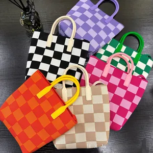 Detailed knit texture and color selection of checkerboard patterned mini tote bags