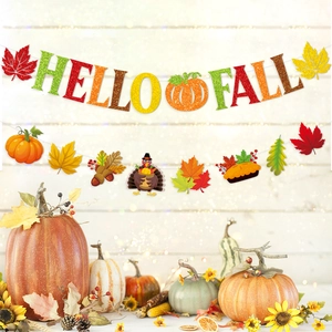 Striscione Hello Fall glitterato con foglie di acero e zucche per decoro autunnale