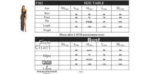 Detailed size chart for backless sequin evening dress showing bust, waist and hip measurements