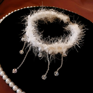Plush Crystal Tassel Choker Necklace Fuzzy Winter Sweet Long Chain Pendant Elegant Jewelry For Women