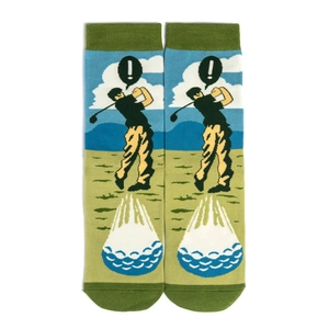 Detail of cotton crew socks featuring colorful green and blue golf patterns on white